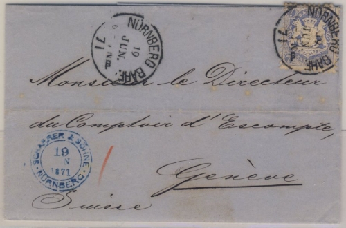 7 Kr. Wappen gez., Brief K1Nürnberg Bahf 19 Jun 71 n. Genf/Schweiz - mit