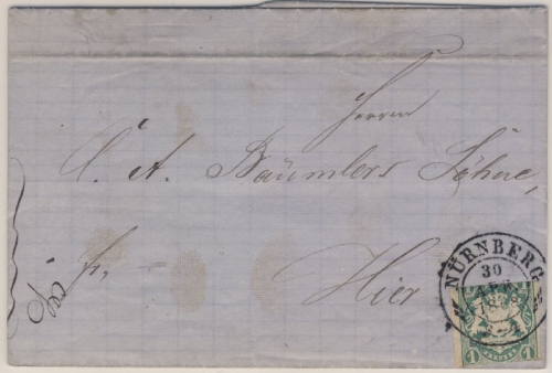 1 Kr. Wappen geschn., Ortsbf. OPA Nürnberg 30. Apr 1868 - mit Inhalt - Marke
