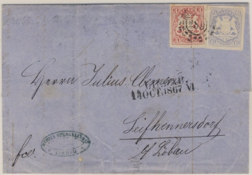 6+3 Kr. Wappen geschn., oMR 289/Lindau 14 Oct 1867 n. Seifhennersdorf/Sachsen -