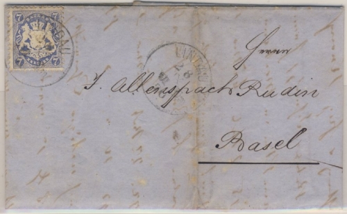 7 Kr. Wappen gez. (Mi.Nr. 25Xa, K1 Lindau 28. IX.70 - Basel/Schweiz - mit Inhalt