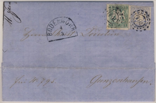 6+1 Kr. Wappen geschn., Brief oMR 704/Bodenwöhr 4/3. (1868) n. Gunzenhausen -