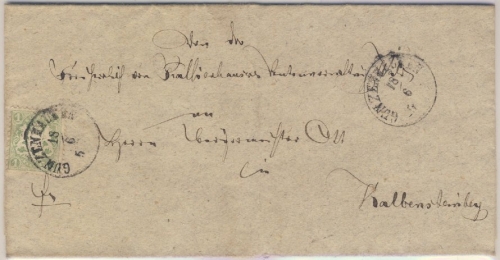 1 Kr. Wappen gez., Brief/Landbestellbezirk K1 Gunzenhausen 18/6. (1873) n.