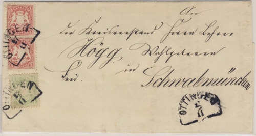 2x3+1 Kr. Wappen gez., Brief HKS Öttingen 27/11. (1871) n. Schwabmünchen -