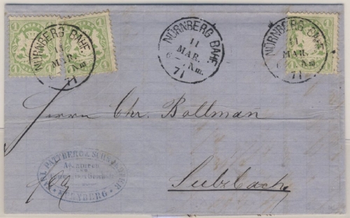 3x1 Kr. Wappen gez., Brief K1 Nürnberg Bahf. 11 Mär 71 n. Sulzbach - mit