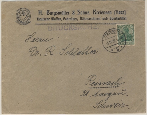DR, 20 Pfg. Germania grün, Drucks.Bf. i.d. SCHWEIZ, Kreisen - Reinach 1920 -