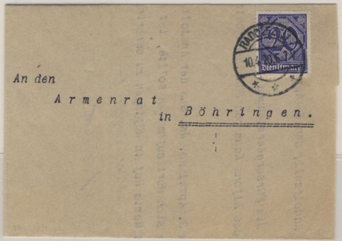 DR-Infla - 20 Pfg. Ziffer Dienstbrief Radolfzell - Böhringen 6.5.20 seltene EF !