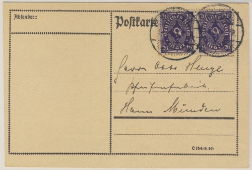 DR-Infla - 20 Mk. Posthorn waagr. Paar (!!) Walze Karte v. Lübberstedt 19.4.23