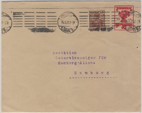 DR-Infla, 10 Pfg. Nat.Vers. Privat-GU + Zusatz, Frankfurt a.M. - Hamburg 1921 -