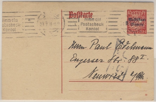 Bayern, 10 Pfg. Hupp/Volksstaat, GA (P104), Bamberg - Neuwied 1919 - US-Zensur