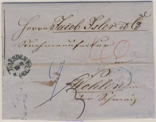 Sachsen, Portobrief i.d. SCHWEIZ, Dresden Wohlen 1854 - rs. bad. Bahnpost-Stpl.