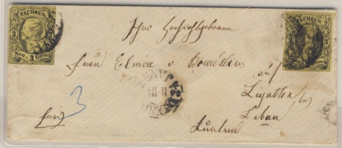 Sachsen, 2x3 Ngr. Johann, Brief n. RUSSLAND, Dresden - Libau 1857 - eine Marke