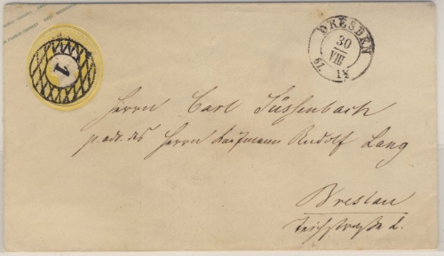 Sachsen, 3 Ngr. GA-Umschlag n. PREUSSEN, (1) Dresden - Breslau 1861 - rs.