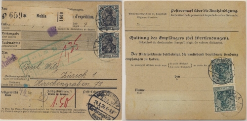 Deutsches Reich - 75+ 5 Pfg. (je2x) Germania Paketkarte i.d. SCHWEIZ Ruhla 1920