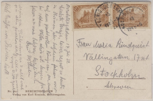 Deutsches Reich - 2x1,50 M. Reichspostamt Karte n. SCHWEDEN Königsee 1922 n.