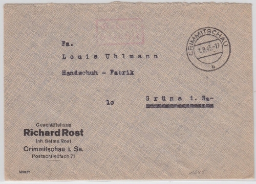 All.Bes. - Crimmitschau 1.9.1945 Gebühr bezahlt roter Ra2 Brief n. Grüne