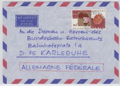 Kongo-Kinshasa - 11,6 K. Int. Messe Luftpostbrief Albertville - Karlsruhe 1969