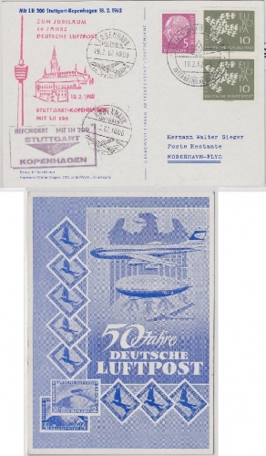 BRD - LH-Jubiläumsflug Sonderkarte 50 J. Dt. Luftpost Stuttgart-Kopenhagen 1962