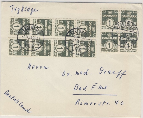 Dänemark - 12x1 Ö. Massenfrankatur Drucksachenbrief Kopenhagen - Bad Ems 1956