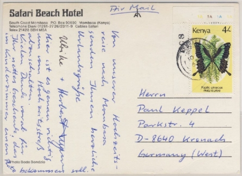 Kenya - 4 Sh. Schmetterling Bogenecke/Bogennr. Luftpostkarte Mombasa 1988