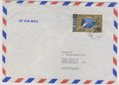 Tanzania - 1,30 Sh. Doktorfisch Luftpostbrief i.d. SCHWEIZ Peramiho Zürich 1964