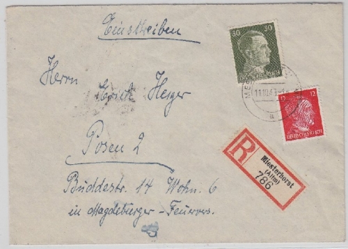 DR - Miesterhorst (Altm) 1943 Einschreibebrief n. Posen