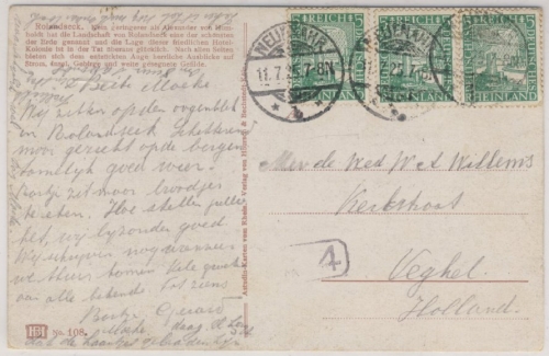 DR - 3x5 Pfg. 1000 J. Rheinland Karte n. HOLLAND Neuenahr - Veghel 1925