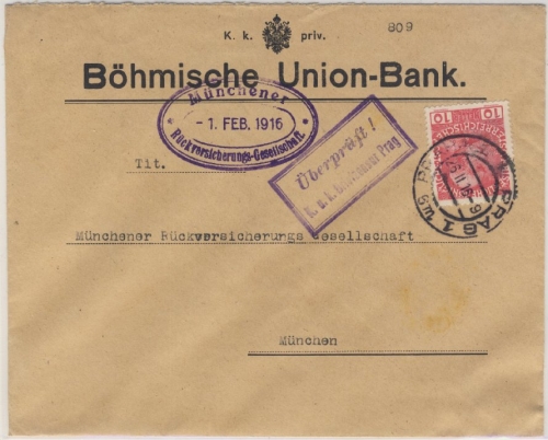 Österreich - 10 H. Franz-Joseph Bankbrief Prag - München 1916 Zensur-Ra2 Prag