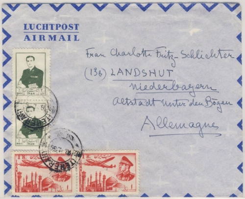 Persien - 2x2 R. Pahlevi u.a. Luftpostbrief Teheran - Landshut 1956