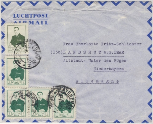 Persien - 2+4x1 R. Pahlevi Luftpostbrief Teheran - Landshut 1956