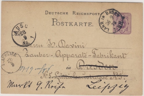 DR - Lahr in Baden 1878 kl. K1 5 PfgE Ganzsache n. Dresden Weiterleitung Leipzig