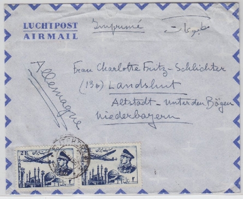 Persien - 2x2 R. Lupo-Ausg. Luftpost-Drucksache Teheran - Landshut 1955