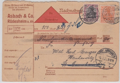 DR - 10+50 Pfg. Germania Nachnahmekarte Rüdesheim - St. Goarhausen 1921 retour