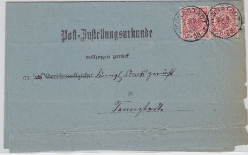 DR - 2x10 Pfg. K/A Post-Zustellurkunde Tennstädt 1890