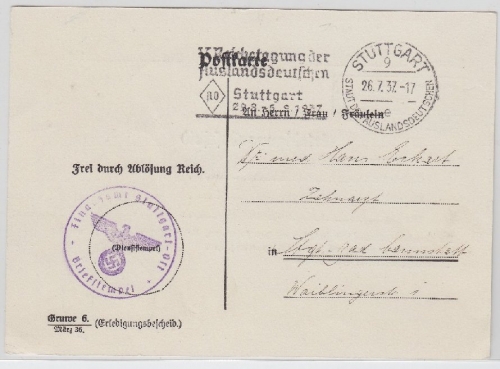 DR - Stuttgart 1937 Dienstortspostkarte/Frei d. Ablösung Maschinenwerbestempel !