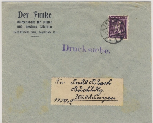 DR-Infla - 50 Pfg. Ziffer Drucksachenbrief Trier 1.3.22 n. Bad Wildungen