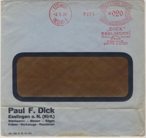 DR - Esslingen 1928, 20 Pfg. AFS Dick-Stahlwaren, Fensterkuvert