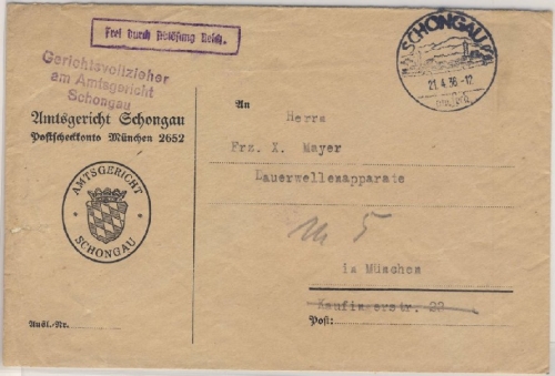 DR - Schongau 1936 Dienstbrief/Frei d. Ablösung n. München
