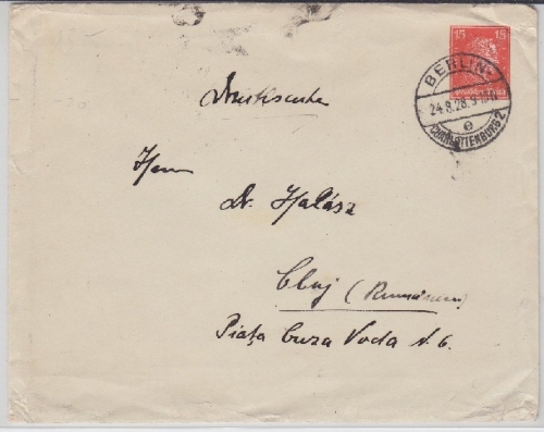 DR - 15 Pfg. Kant, Privatganzsache/Drucksachenbrief n. RUMÄNIEN Berlin 1928