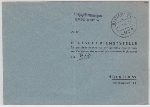 BRD - Portofreier Kriegsgefangenenbrief Blomberg - Berlin 1968