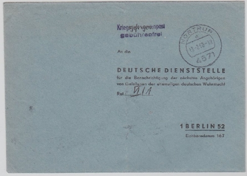 BRD - Portofreier Kriegsgefangenenbrief Nortrup - Berlin 1968