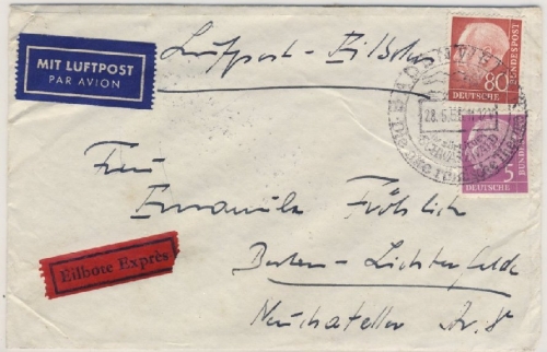 BRD - 80+5 Pfg. Heuss I Eilboten Luftpostbrief Badenweiler Berlin 1955