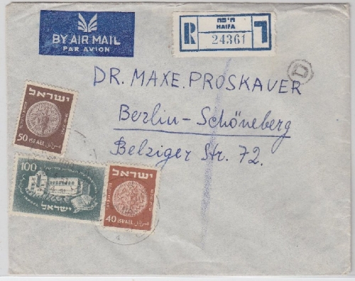 Israel - 100 Pr. Hebrä. Universität u.a. Luftpost-Einschreibebrief Haifa 1953