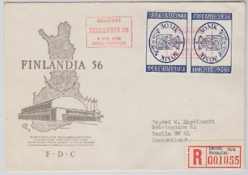 Finnland - 30 M Finlandia'56 Schmuck-FDC Einschreibebrief Sonder-R-Zettel 1956
