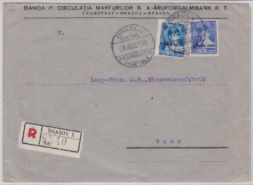 Rumänien - 10+7,50 L. Thronbesteigung Einschreibebrief n. ÖSTERREICH Brasov 1930