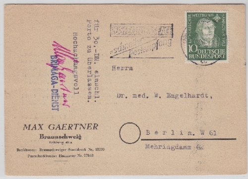 BRD - 10 Pfg. Luther Einzelfrankatur Fernkarte Braunschweig - Berlin 1952