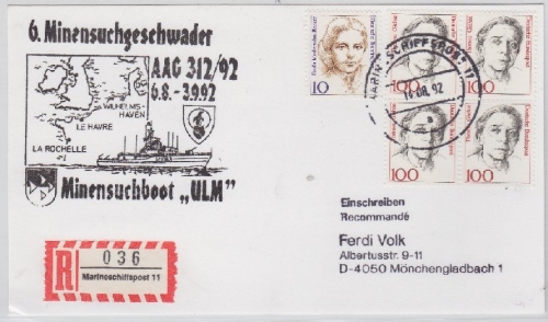 BRD - Bundesmarine Minensuchboot Ulm Einschreibekarte Marineschiffspost 11 1992