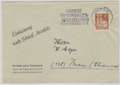 Bizone Köln 1951 Masch.werbestempel "Große Gesundheits - Ausstellung" Drucksache