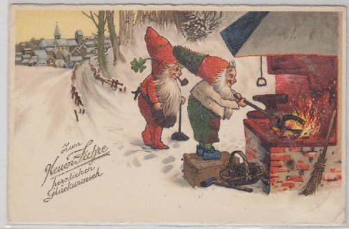 Neujahr Zwerge Schmiedefeuer Hufeisen farb. Glückwunschkarte gelaufen Worms 1929