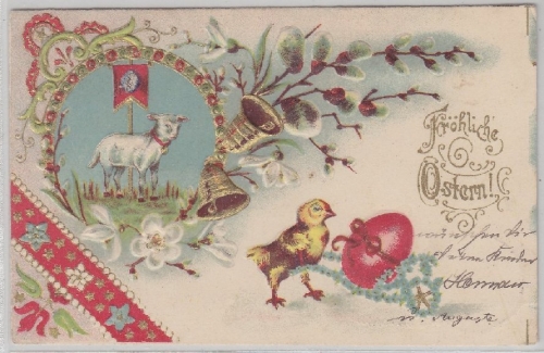 Ostern Lamm Küken Palmzweig farbige Prägekarte gelaufen Stuttgart 1902
