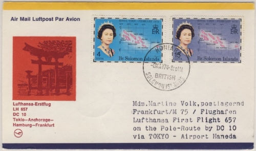 British Solomon Islands - Luftpostbrief Honiara - Tokio - Frankfurt 1974